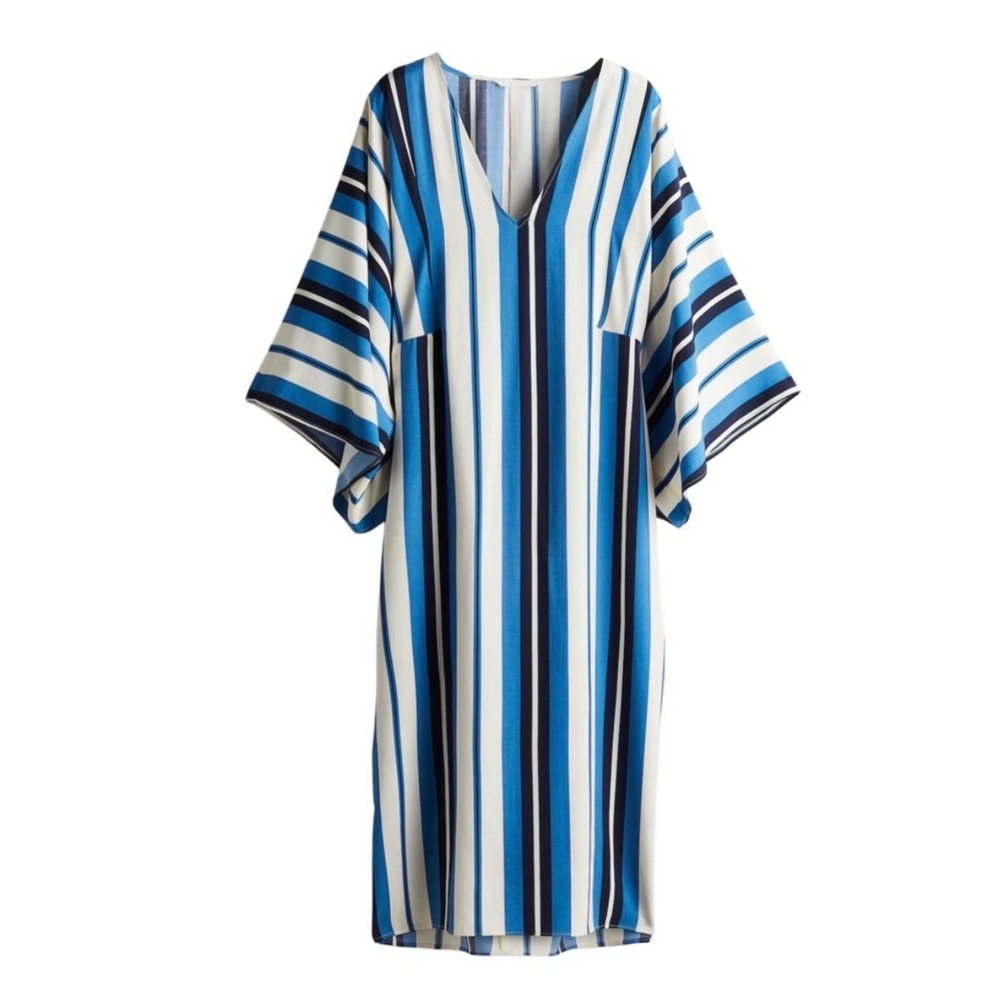 H&M Blue White Striped Kaftan Kimono Sleeve Viscose Dress XL Coverup Resortwear